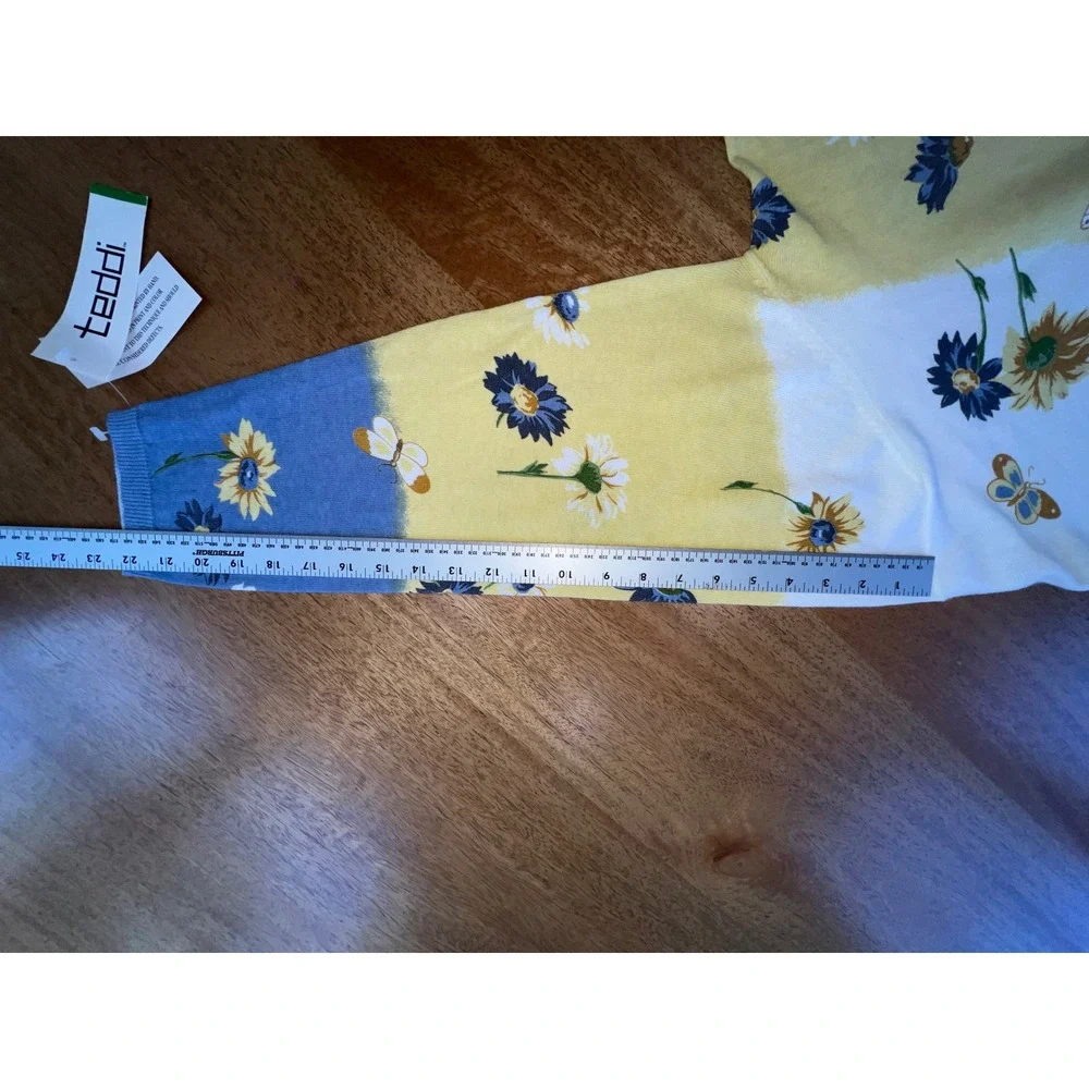 Teddi Vintage Floral Butterfly Cardigan Sweater‎ XL Blue Yellow White Cotton